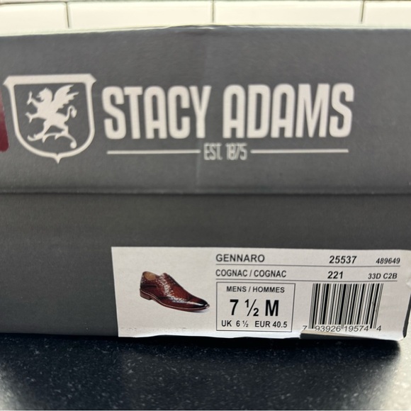 Stacy Adams Shoes - GENNARO
Wingtip Oxford Men’s Size 7.5 Cognac NEW - Picture 2 of 16